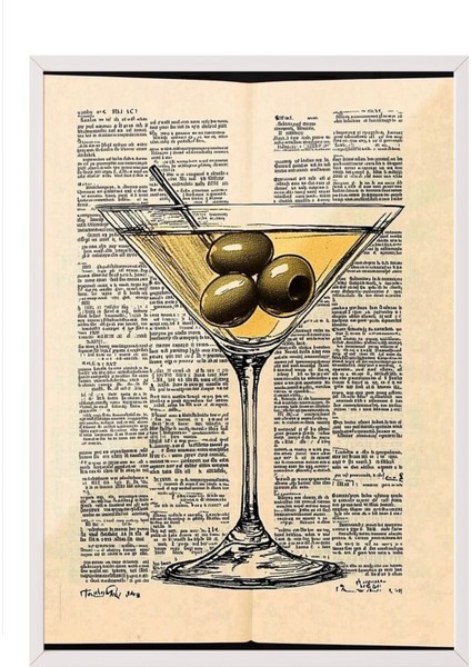 Beyaz Çerçeveli Tablo, Martini Kadehi ve Zeytin – Retro Çizim, Mutfak Dekoru Poster No: 111003