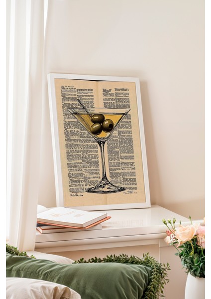Beyaz Çerçeveli Tablo, Martini Kadehi ve Zeytin – Retro Çizim, Mutfak Dekoru Poster No: 111003 fiyatları