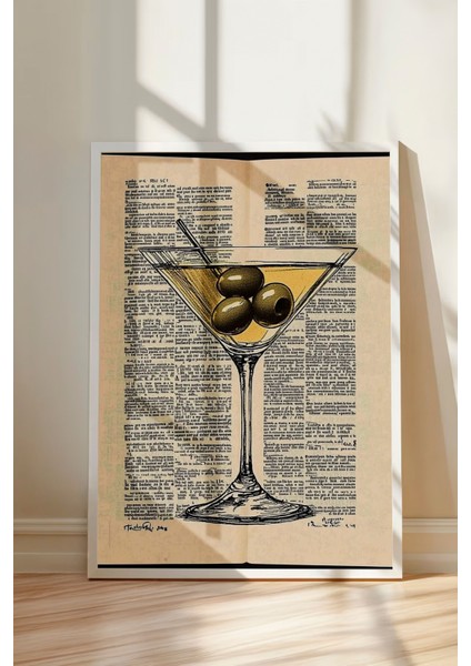 Beyaz Çerçeveli Tablo, Martini Kadehi ve Zeytin – Retro Çizim, Mutfak Dekoru Poster No: 111003 modelleri