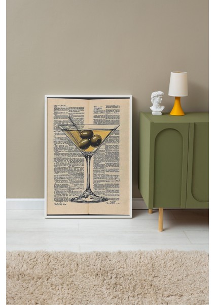 Beyaz Çerçeveli Tablo, Martini Kadehi ve Zeytin – Retro Çizim, Mutfak Dekoru Poster No: 111003 fırsatları