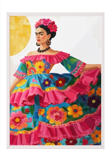 Beyaz Çerçeveli Tablo, Çiçekli Elbise Giyen Kadın – Moda Portresi, Ofis Dekoru Poster No: 109951