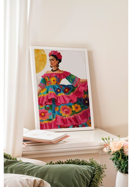 Beyaz Çerçeveli Tablo, Çiçekli Elbise Giyen Kadın – Moda Portresi, Ofis Dekoru Poster No: 109951 fiyatları