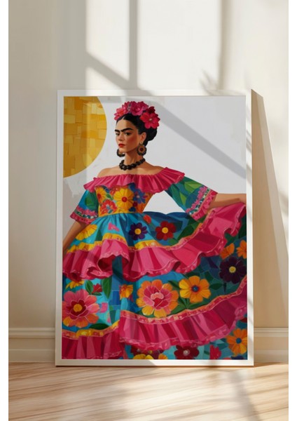 Beyaz Çerçeveli Tablo, Çiçekli Elbise Giyen Kadın – Moda Portresi, Ofis Dekoru Poster No: 109951 modelleri