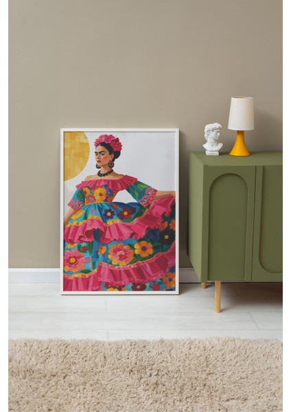 Beyaz Çerçeveli Tablo, Çiçekli Elbise Giyen Kadın – Moda Portresi, Ofis Dekoru Poster No: 109951 fırsatları