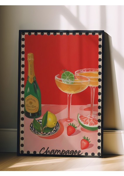Siyah Çerçeveli Tablo, Şampanya Kadehi – Retro Illüstrasyon, Mutfak Dekoru Poster No: 109708 fiyatları