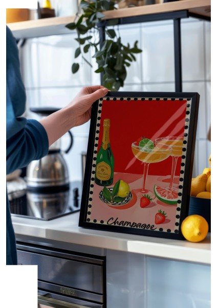 Siyah Çerçeveli Tablo, Şampanya Kadehi – Retro Illüstrasyon, Mutfak Dekoru Poster No: 109708 modelleri