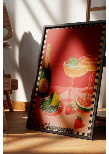 Siyah Çerçeveli Tablo, Şampanya Kadehi – Retro Illüstrasyon, Mutfak Dekoru Poster No: 109708 fırsatları