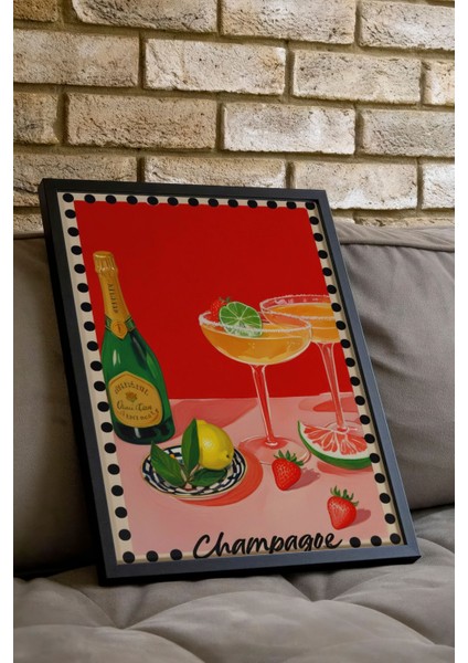 Siyah Çerçeveli Tablo, Şampanya Kadehi – Retro Illüstrasyon, Mutfak Dekoru Poster No: 109708 indirimleri