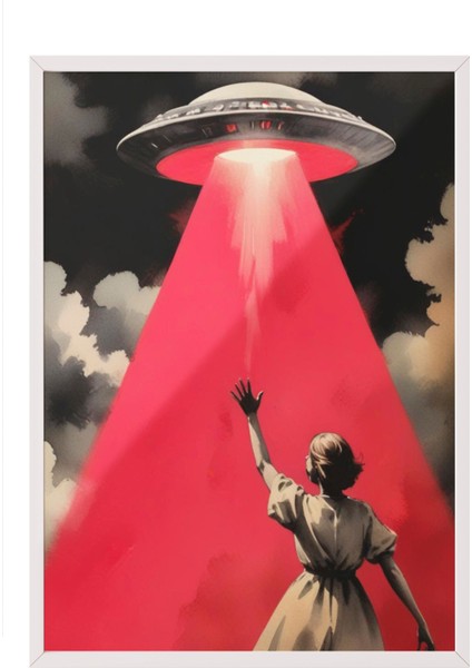 Beyaz Çerçeveli Tablo, Pembe Ufo ve Figür – Retro-Bilimkurgu, Genç Odası Dekoru Poster No: 109716