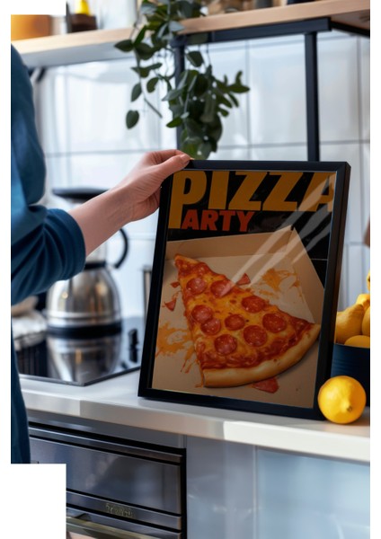 Siyah Çerçeveli Tablo, Pizza Dilimi – Yiyecek Illüstrasyonu, Mutfak Dekoru Poster No: 109812 modelleri