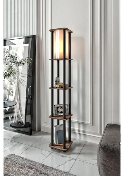 Kare Lambader - Fonksiyonel 3 Raflı Ahşap Gövde, 24X24 cm Kare Taban, 140 cm Yükseklik, E27 Duy Tipi Uyumlu, LED Ampul ile Kullanılabilir, Göz Yormayan Işık (Ceviz)