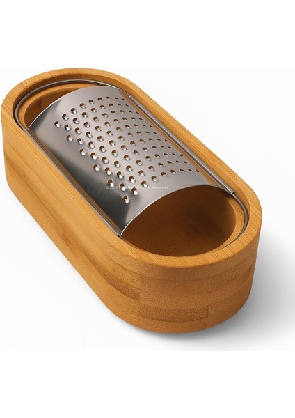 Ahşap Bambu Hazneli, Yatay Oval Metal Bombeli, Çok Amaçlı Ince Rende, 7 x 15,5 Cm, Peynir, Sarımsak, Sebze, Çikolata, Dayanıklı, Pratik Temizlenebilir, Ergonomik Mutfak Rende