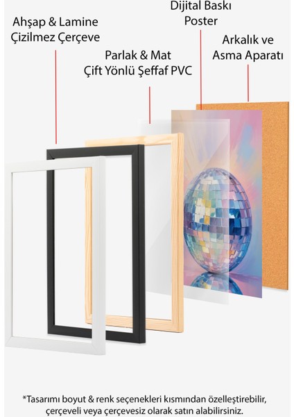 Siyah Çerçeveli Tablo, Disko Topu – Parlak Pastel Yansıma, Genç Odası Dekoru Poster No: 110017