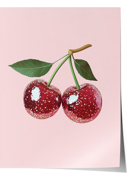 Çerçevesiz Poster, Çift Kiraz Minimal Illüstrasyonu, Mutfak Dekoru Poster No: 110067