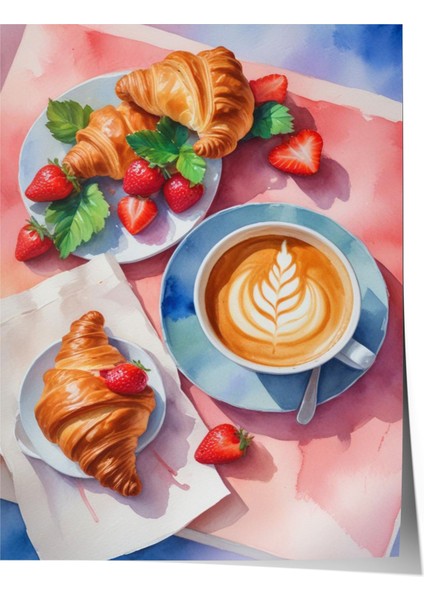 Çerçevesiz Poster, Kruvasan & Kahve – Şık Kahvaltı Kompozisyonu, Mutfak Dekoru Poster No: 109908