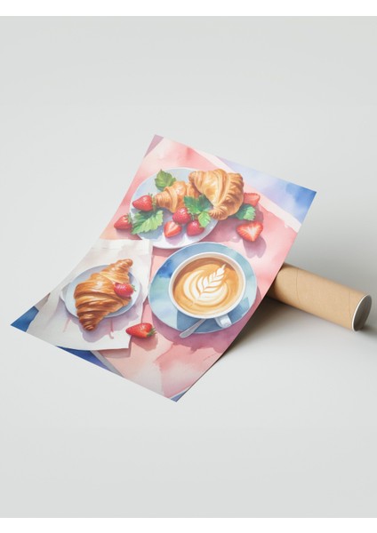 Çerçevesiz Poster, Kruvasan & Kahve – Şık Kahvaltı Kompozisyonu, Mutfak Dekoru Poster No: 109908 modelleri