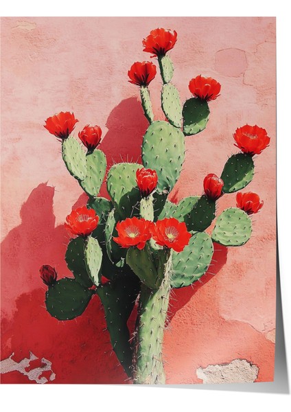 Çerçevesiz Poster, Kırmızı Çiçekli Kaktüs Illüstrasyonu, Salon Dekoru Poster No: 110907
