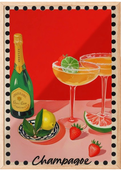 Ahşap Çerçeveli Tablo, Şampanya Kadehi – Retro Illüstrasyon, Mutfak Dekoru Poster No: 109708