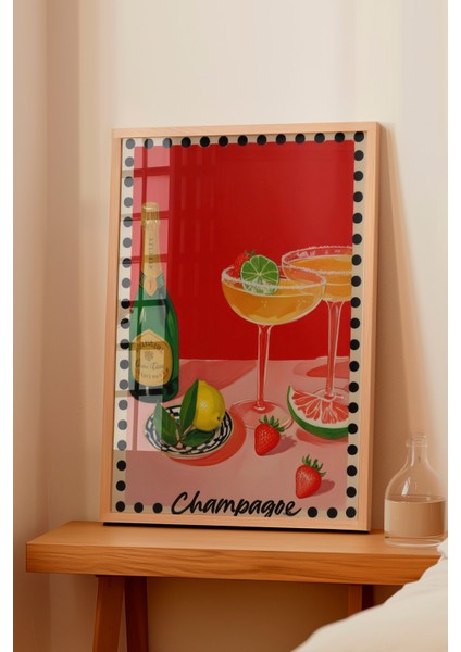 Ahşap Çerçeveli Tablo, Şampanya Kadehi – Retro Illüstrasyon, Mutfak Dekoru Poster No: 109708 fiyatları
