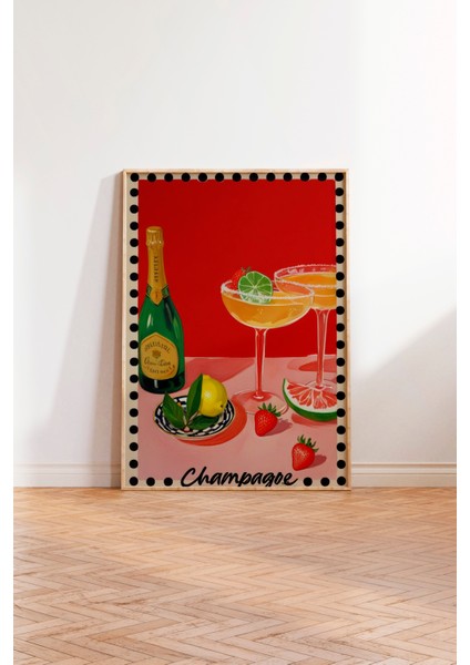 Ahşap Çerçeveli Tablo, Şampanya Kadehi – Retro Illüstrasyon, Mutfak Dekoru Poster No: 109708 modelleri