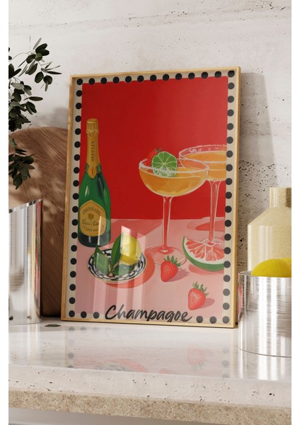 Ahşap Çerçeveli Tablo, Şampanya Kadehi – Retro Illüstrasyon, Mutfak Dekoru Poster No: 109708 fırsatları