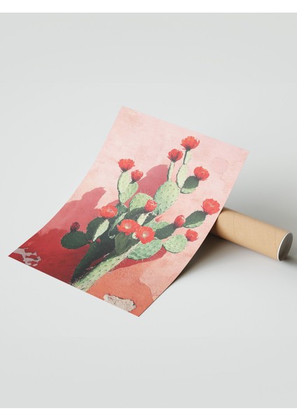 Çerçevesiz Poster, Kırmızı Çiçekli Kaktüs Illüstrasyonu, Salon Dekoru Poster No: 110907 modelleri