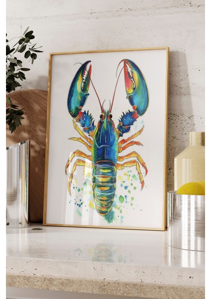 Ahşap Çerçeveli Tablo, Mavi Istakoz Çizimi, Mutfak Dekoru Poster No: 110096 fırsatları