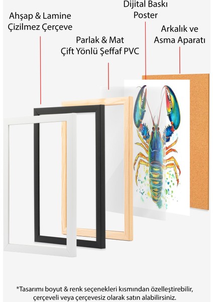 Ahşap Çerçeveli Tablo, Mavi Istakoz Çizimi, Mutfak Dekoru Poster No: 110096