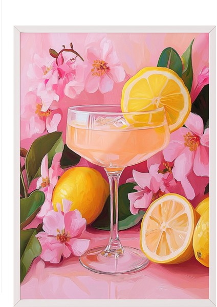 Beyaz Çerçeveli Tablo, Limonlu Kokteyl ve Çiçekler, Mutfak Dekoru Poster No: 110161