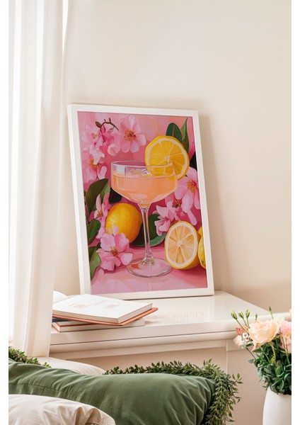 Beyaz Çerçeveli Tablo, Limonlu Kokteyl ve Çiçekler, Mutfak Dekoru Poster No: 110161 fiyatları