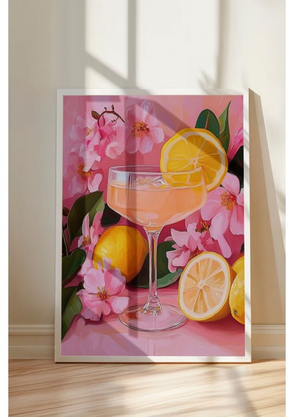 Beyaz Çerçeveli Tablo, Limonlu Kokteyl ve Çiçekler, Mutfak Dekoru Poster No: 110161 modelleri