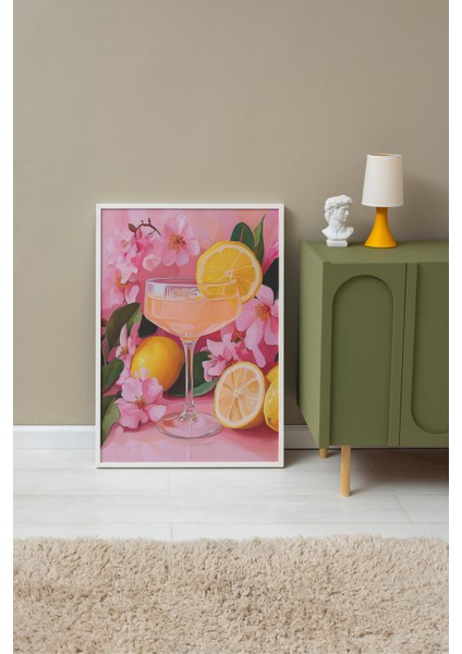 Beyaz Çerçeveli Tablo, Limonlu Kokteyl ve Çiçekler, Mutfak Dekoru Poster No: 110161 fırsatları