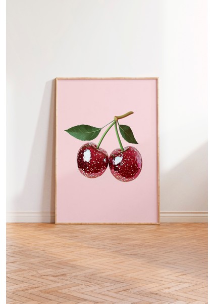 Ahşap Çerçeveli Tablo, Çift Kiraz Minimal Illüstrasyonu, Mutfak Dekoru Poster No: 110067 modelleri