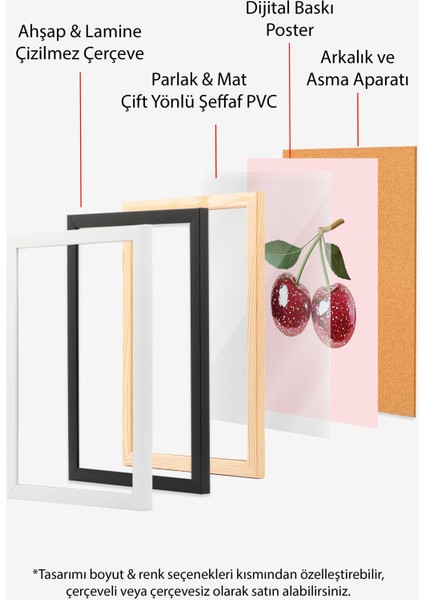 Ahşap Çerçeveli Tablo, Çift Kiraz Minimal Illüstrasyonu, Mutfak Dekoru Poster No: 110067