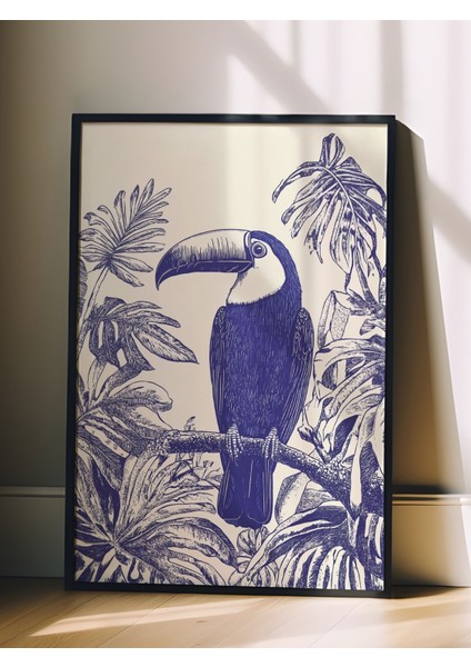 Siyah Çerçeveli Tablo, Mavi Beyaz Tropikal Kuş Çizimi, Salon Dekoru Poster No: 110769 fiyatları