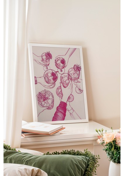 Beyaz Çerçeveli Tablo, Pembe Tonlu Meyve Eskizi, Mutfak Dekoru Poster No: 109848 fiyatları