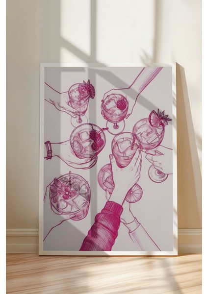 Beyaz Çerçeveli Tablo, Pembe Tonlu Meyve Eskizi, Mutfak Dekoru Poster No: 109848 modelleri