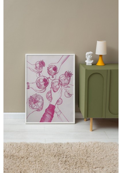 Beyaz Çerçeveli Tablo, Pembe Tonlu Meyve Eskizi, Mutfak Dekoru Poster No: 109848 fırsatları