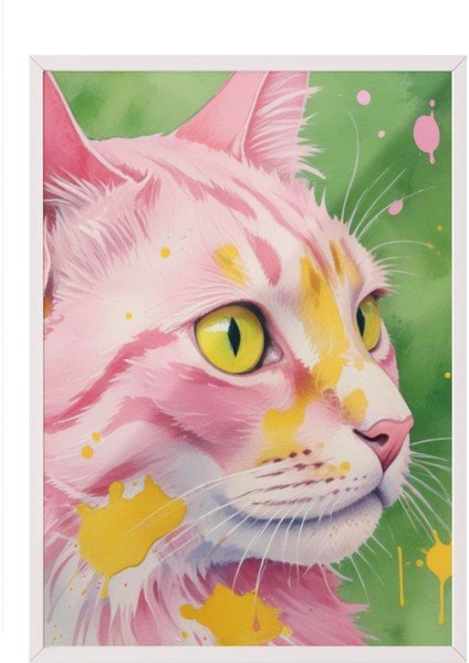 Beyaz Çerçeveli Tablo, Renkli Kedi – Stilize Illüstrasyonu, Genç Odası Dekoru Poster No: 109731