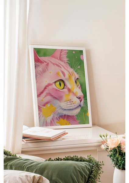 Beyaz Çerçeveli Tablo, Renkli Kedi – Stilize Illüstrasyonu, Genç Odası Dekoru Poster No: 109731 fiyatları