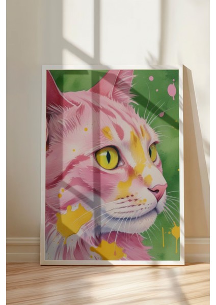 Beyaz Çerçeveli Tablo, Renkli Kedi – Stilize Illüstrasyonu, Genç Odası Dekoru Poster No: 109731 modelleri