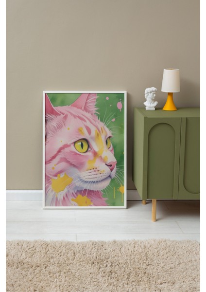 Beyaz Çerçeveli Tablo, Renkli Kedi – Stilize Illüstrasyonu, Genç Odası Dekoru Poster No: 109731 fırsatları