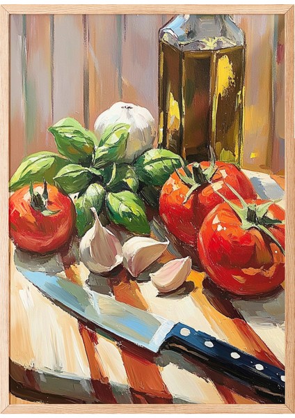 Ahşap Çerçeveli Tablo, Domates ve Mozzarella – Akdeniz Sofrası, Mutfak Dekoru Poster No: 110142