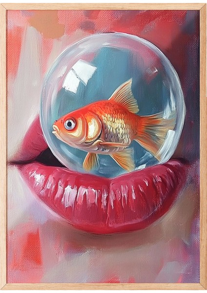 Ahşap Çerçeveli Tablo, Pembe Dudaklar ve Renkli Top – Pop Art, Genç Odası Dekoru Poster No: 110131