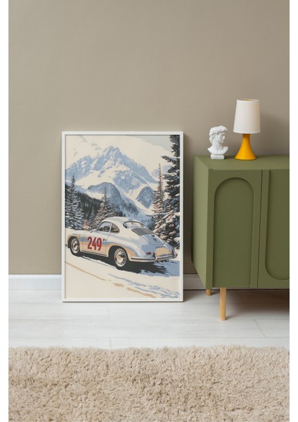 Beyaz Çerçeveli Tablo, Dağ Manzarasında Spor Araba, Genç Odası Dekoru Poster No: 110661 fırsatları