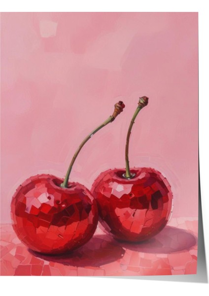 Çerçevesiz Poster, Kırmızı Kiraz Minimal Illüstrasyonu, Mutfak Dekoru Poster No: 110025