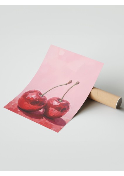 Çerçevesiz Poster, Kırmızı Kiraz Minimal Illüstrasyonu, Mutfak Dekoru Poster No: 110025 modelleri