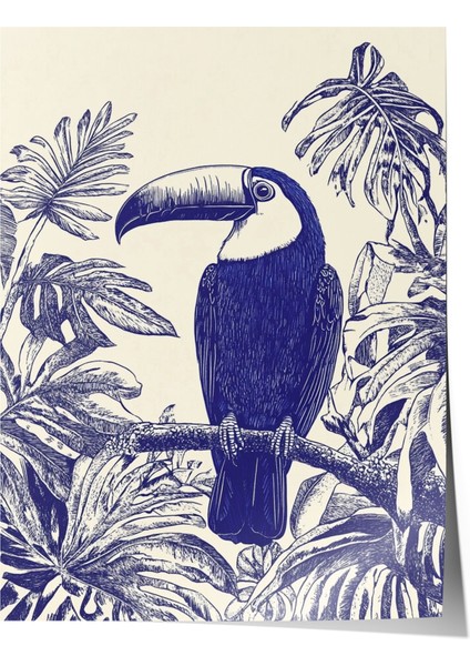 Çerçevesiz Poster, Mavi Beyaz Tropikal Kuş Çizimi, Salon Dekoru Poster No: 110769