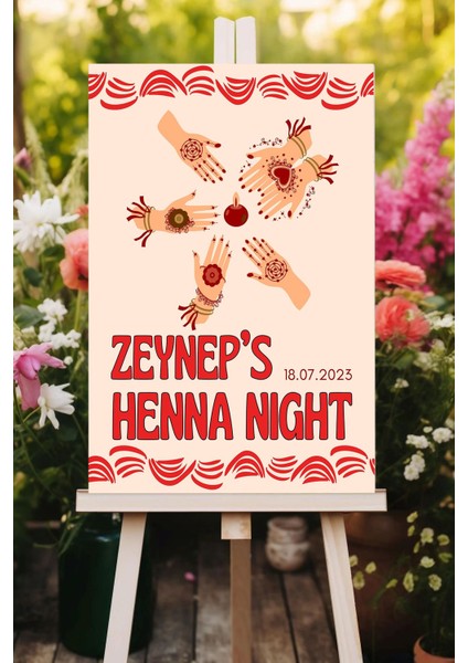 Red Kişiye Özel Kına Gecesi Karşılama Panosu, Henna Night Isimli ve Tarihli Tuval Tablo 50X70 cm