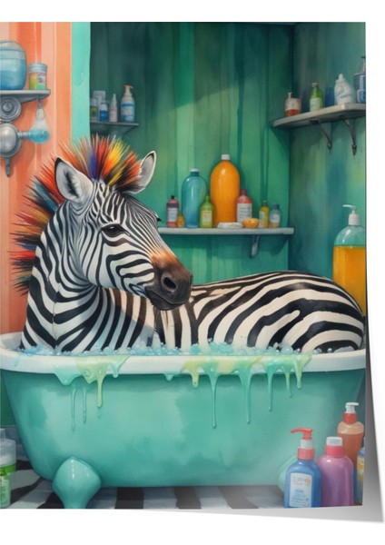 Çerçevesiz Poster, Küvette Zebra – Mizahi Safari Kompozisyonu, Banyo Dekoru Poster No: 109907